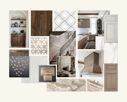 A mood board with design elements for home interiors, featuring wood finishes, patterned tiles, staircases, and kitchen designs